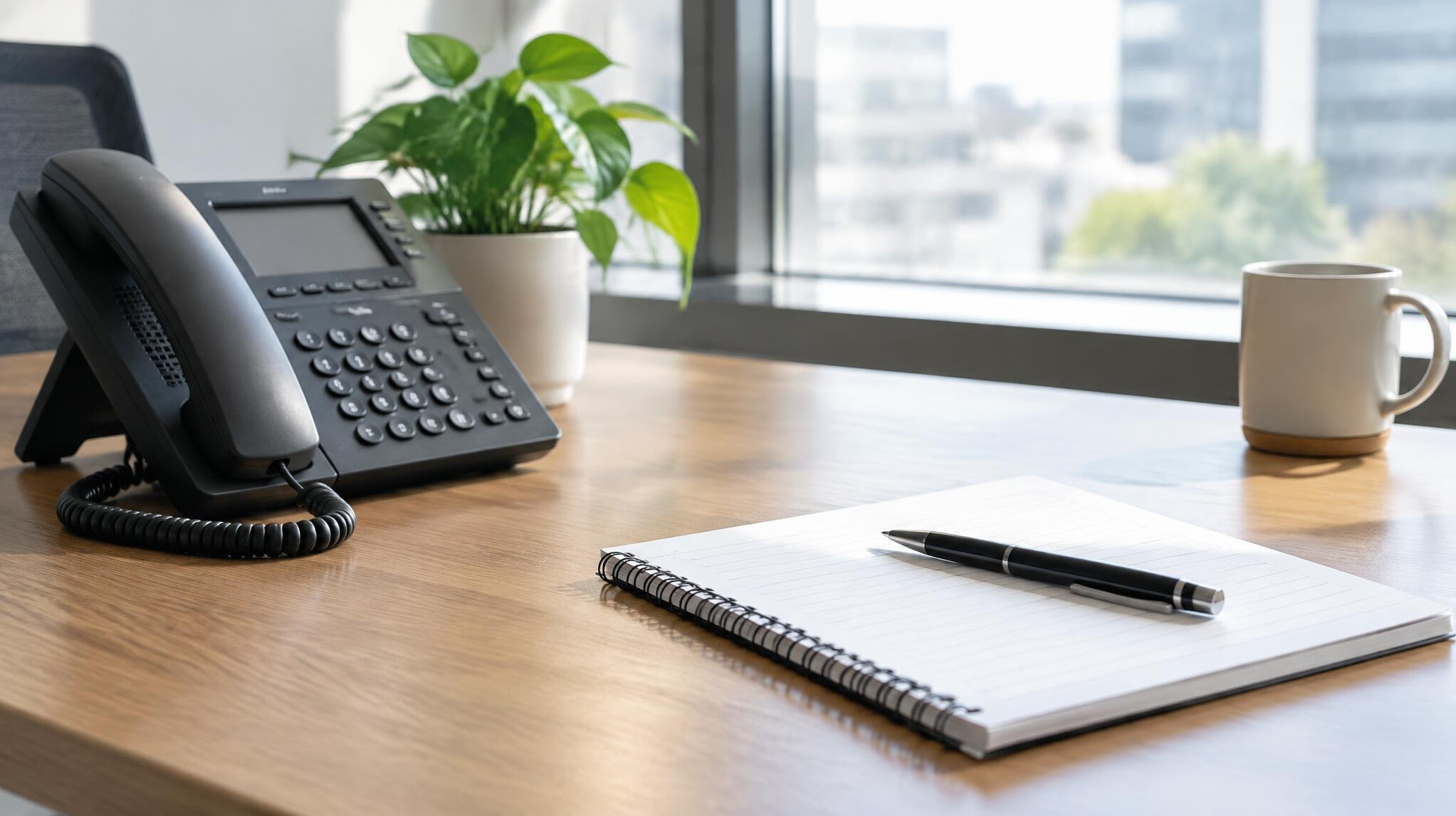 Empty office desk with phone and notepad ready for contact