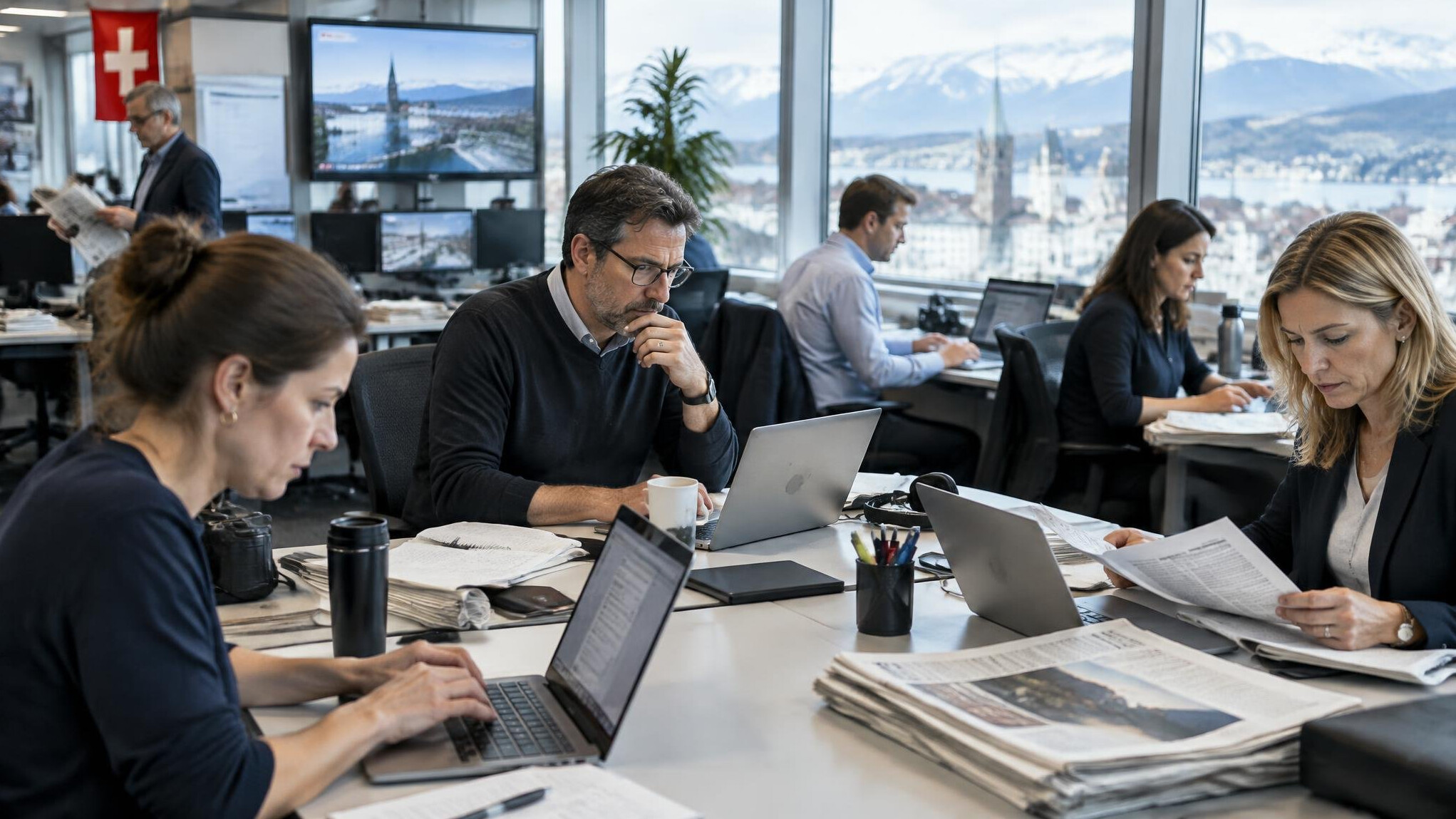 Journalists working together in a newsroom on investigative research